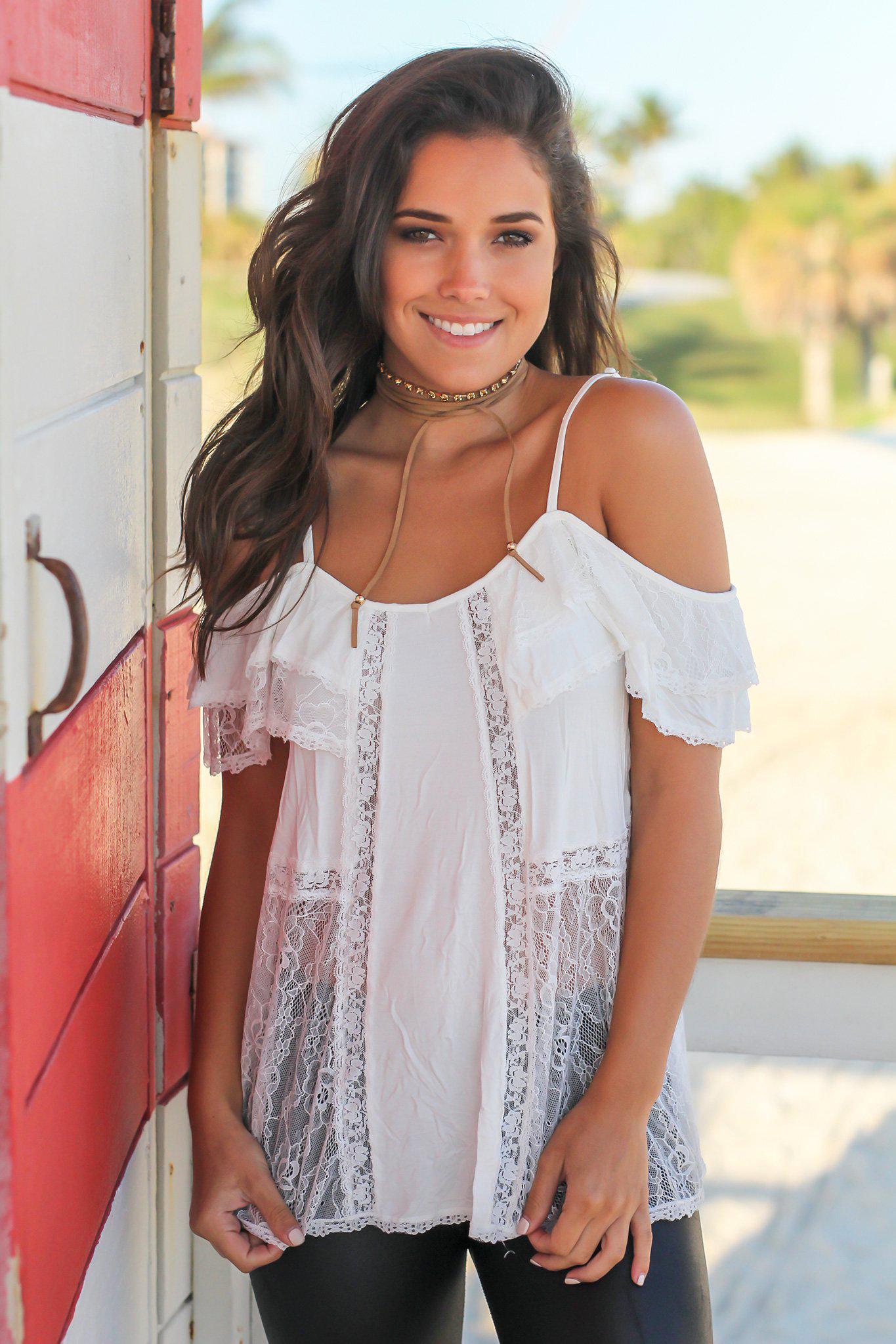 Charming Ivory Sheer Lace Cold Shoulder Off - Shoulder Top