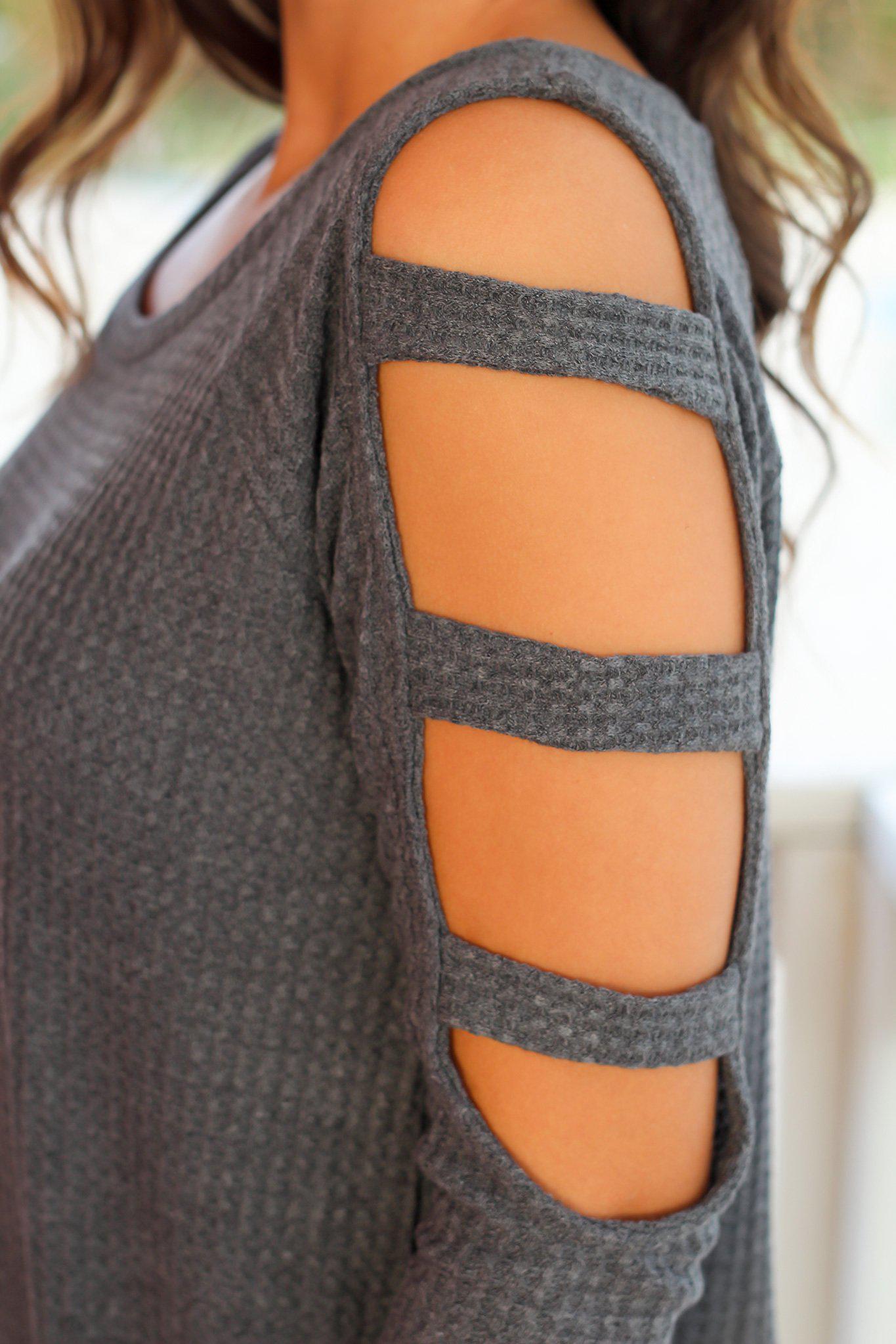 Charcoal Knitted Women's Top with Stylish Cut-Out Sleeve Design