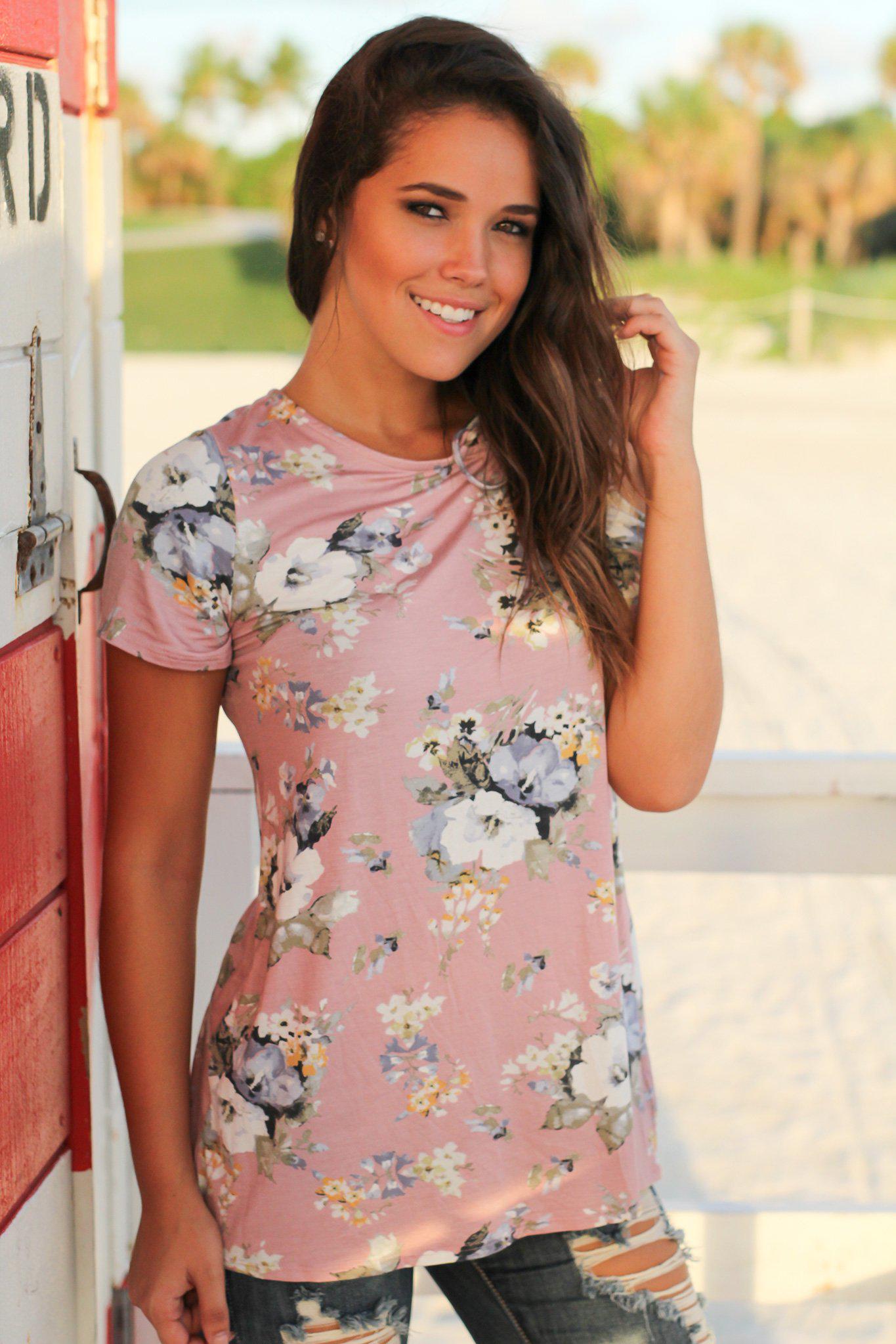 Stylish Women's Mauve Floral Lace - Up Shoulder Short - Sleeve Top