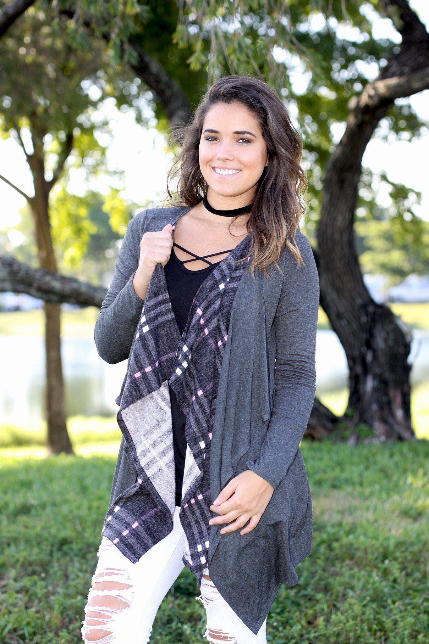 Stylish Charcoal Double - Layer Asymmetrical Plaid Cardigan