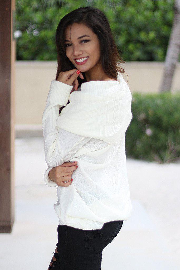 Gorgeous Ivory Acrylic Cowl Neck Long Sleeve Sweater for Women