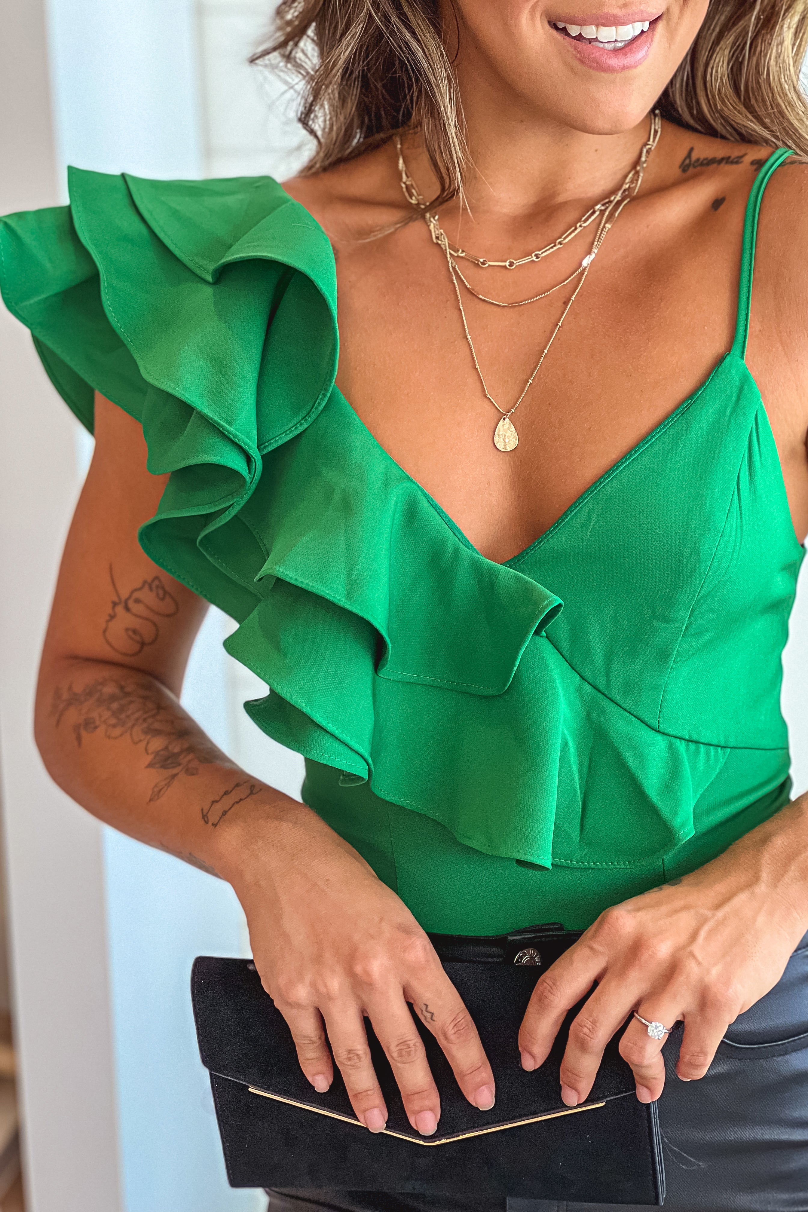 Stylish Kelly Green Sleeveless Ruffled Bodysuit for Fashionable Looks