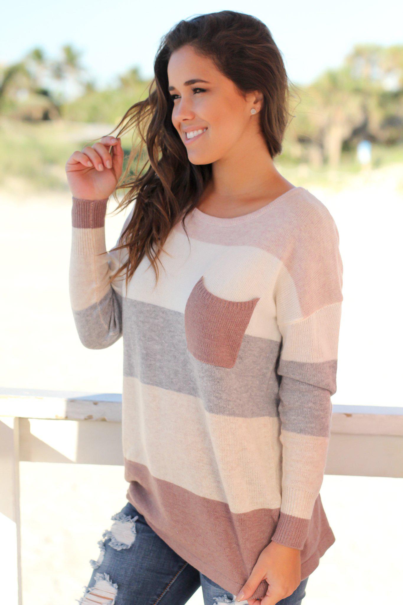 Stylish Mauve Color Blocked Knitted Women's Top with a Cute Front Pocket
