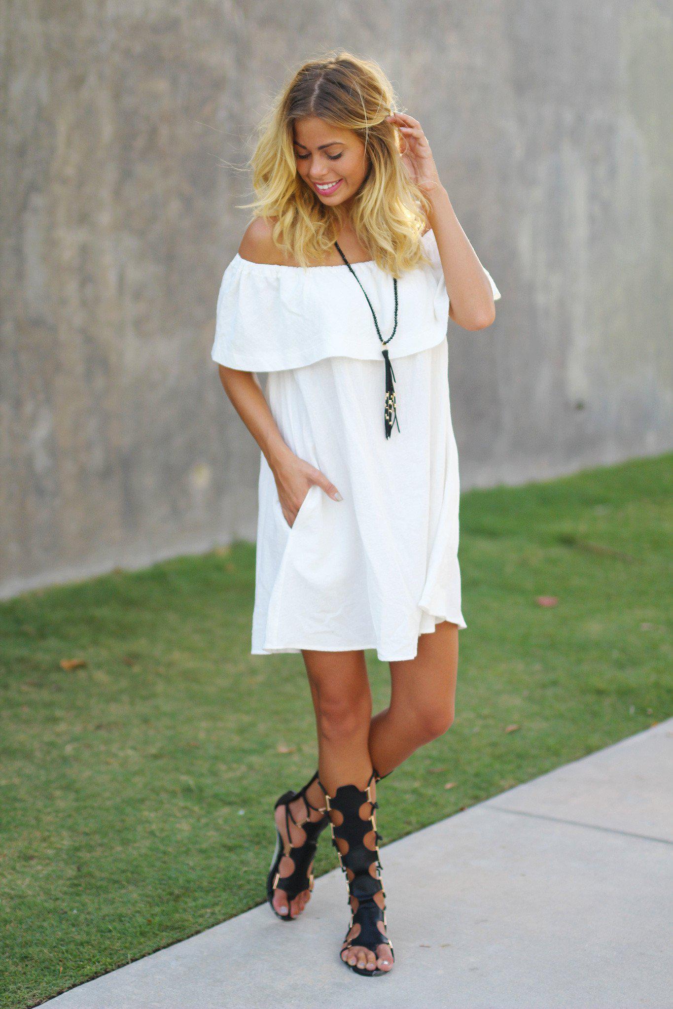 Stylish Ivory Off - Shoulder Ruffled Short Dress with Side Pockets