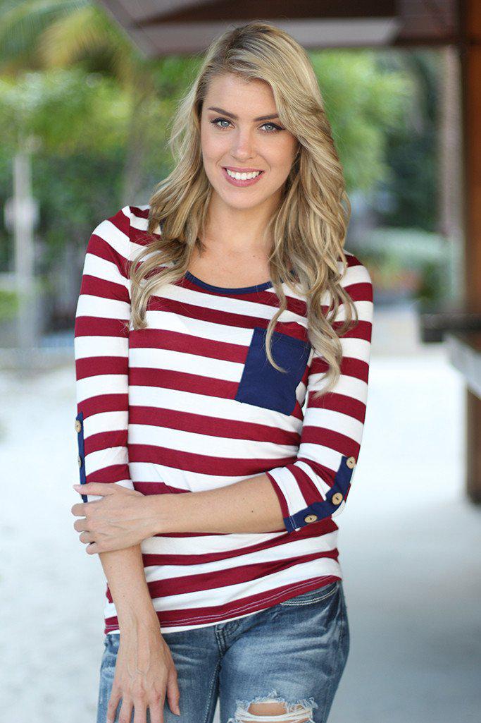 Stylish Burgundy Striped Button - Pocket Top for Fall