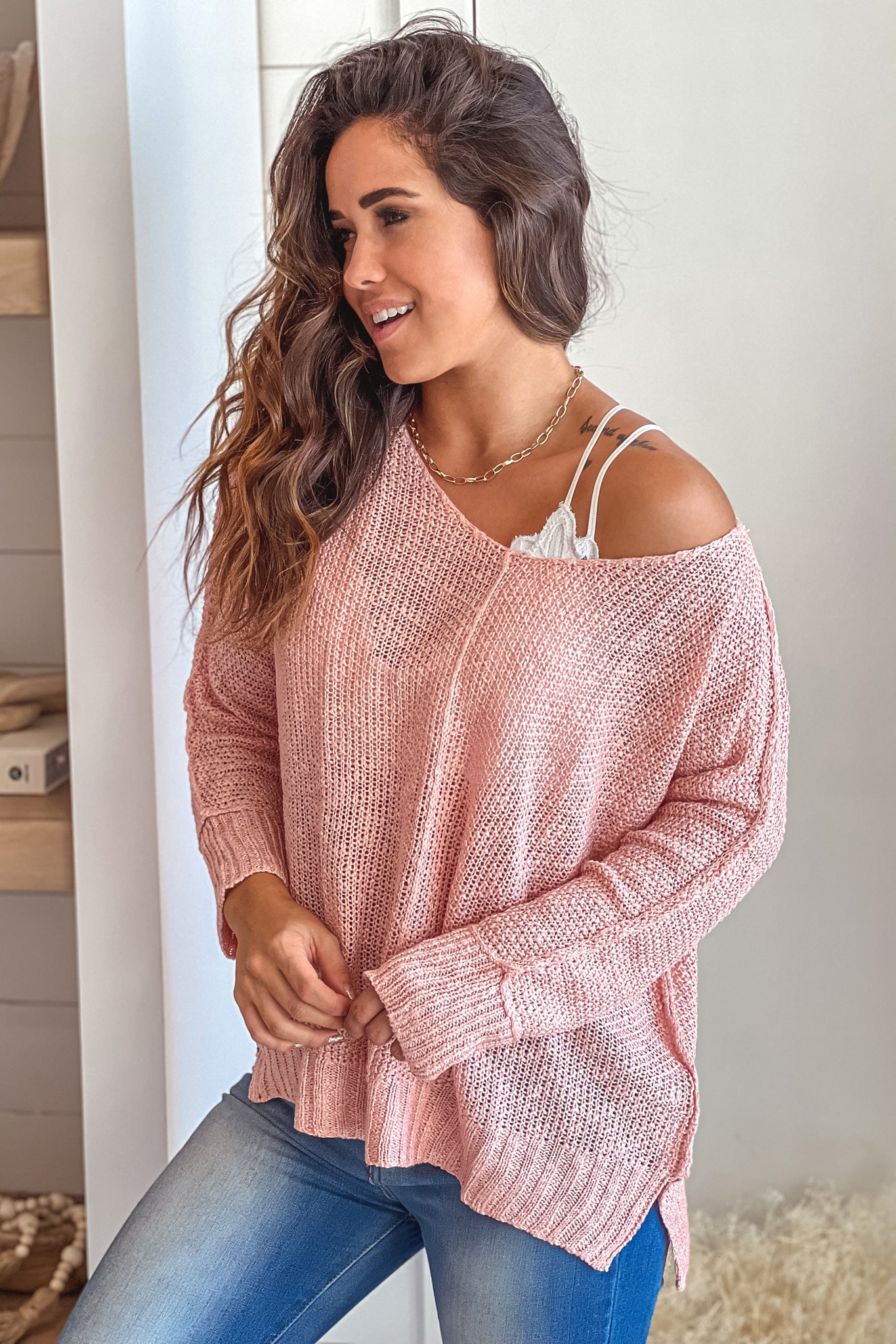 Adorable Light Pink Long - Sleeved V - Neck Knitted Top