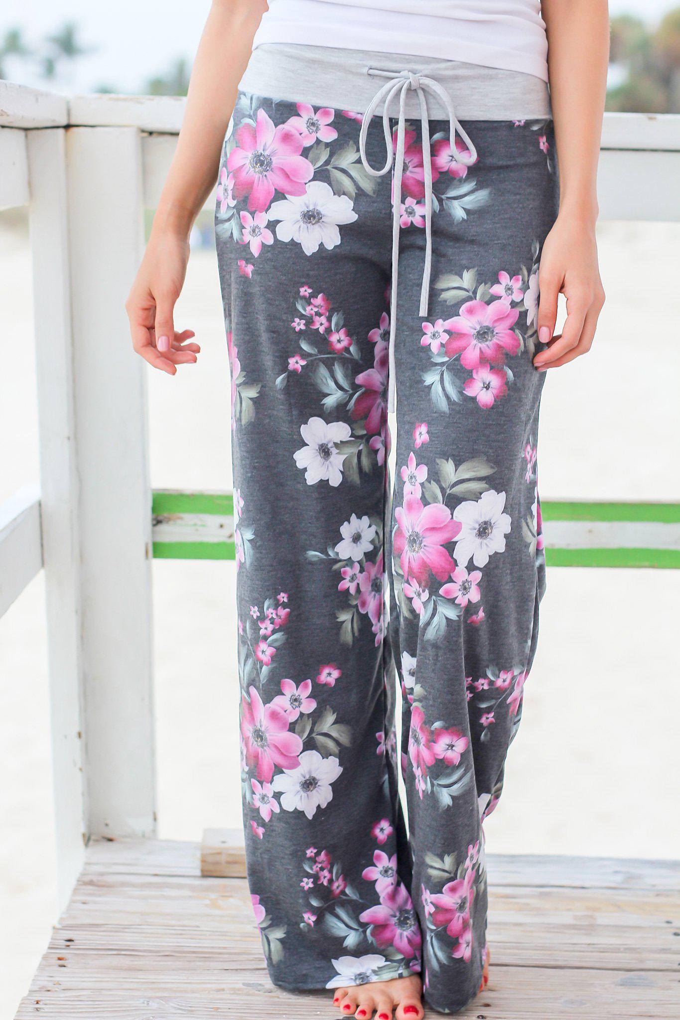 Stylish Charcoal and Purple Floral Patterned Wide - Leg Pants