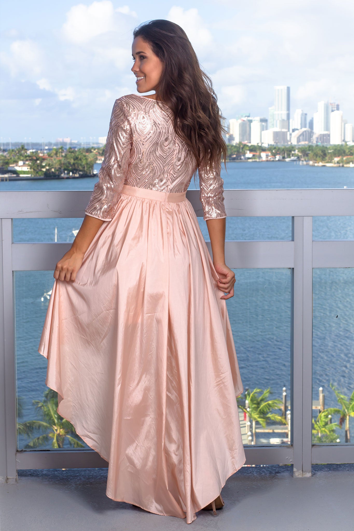 Stylish Blush Sequin Top High Low Evening Dress