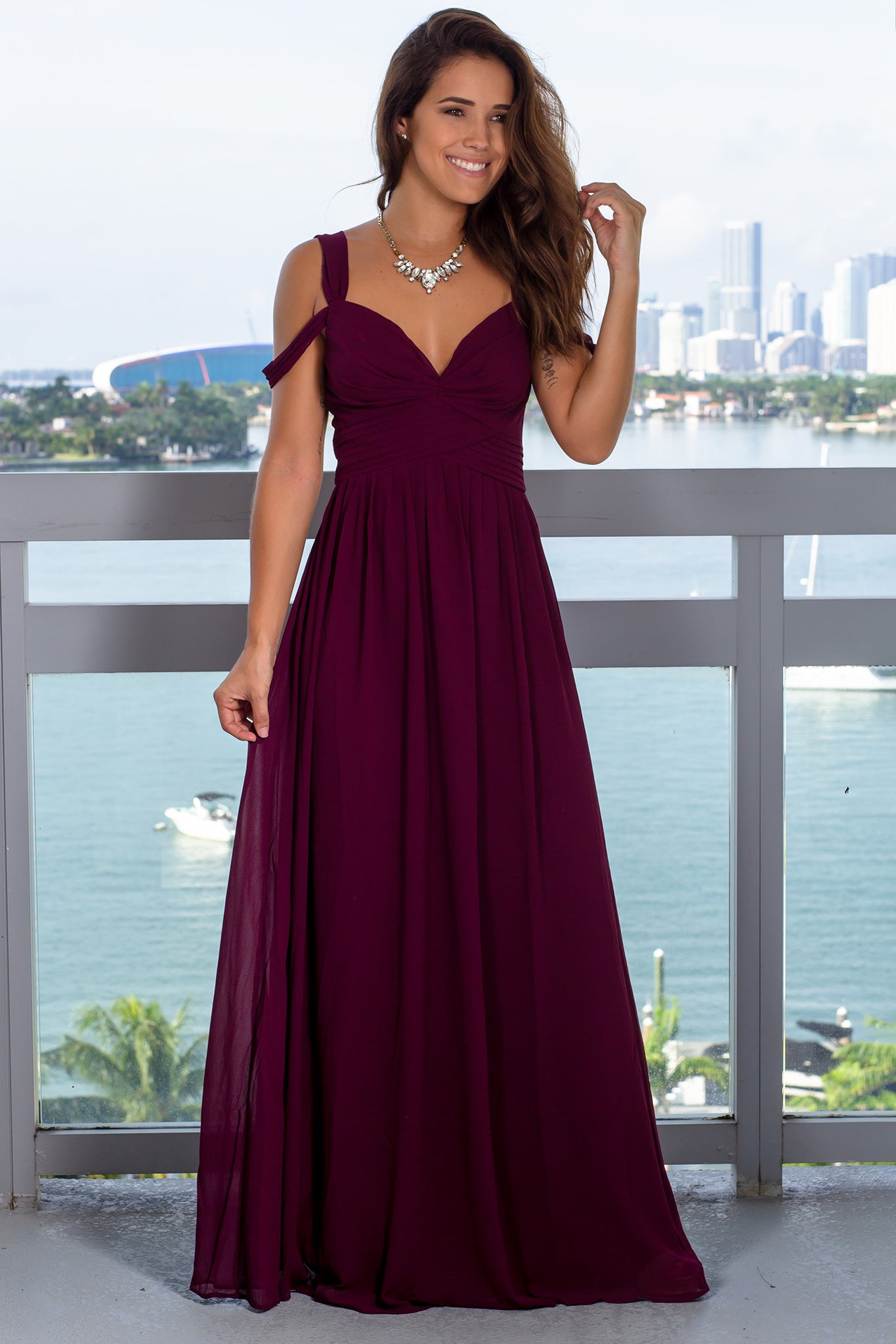 Fabulous Burgundy Pleated Off - Shoulder Maxi Dress for Special Occasions