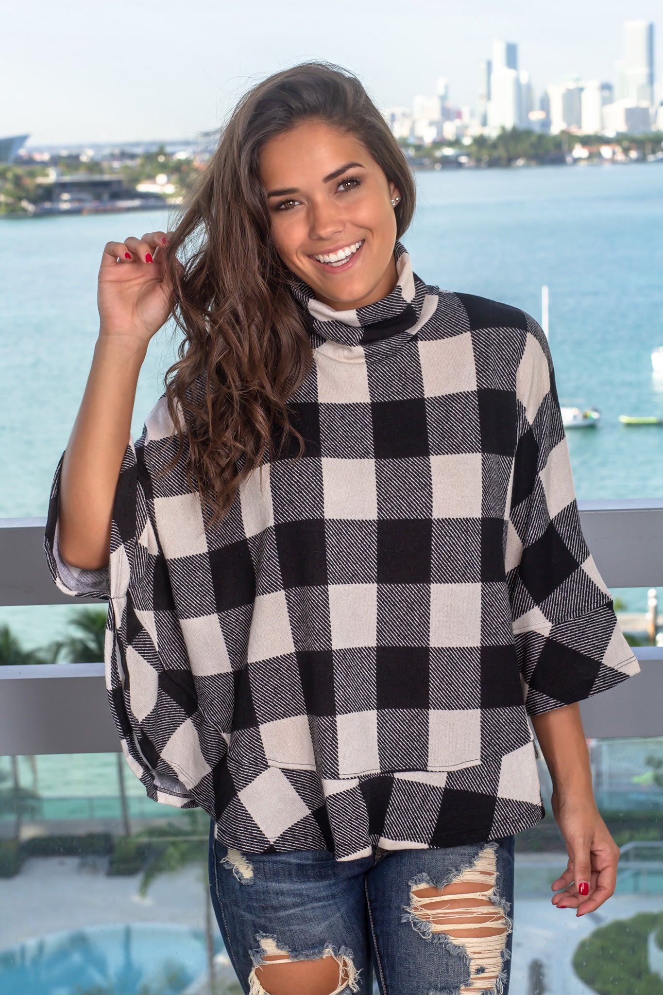 Cozy Ivory and Black Plaid Poncho with Turtle Neck for Fall and Winter