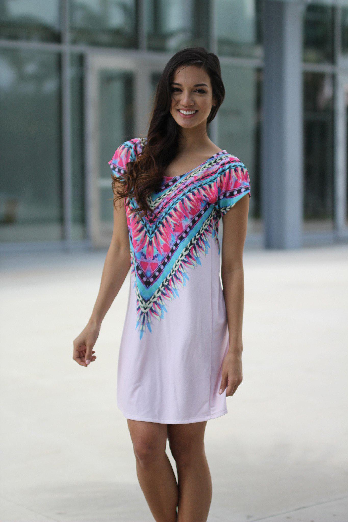 Stylish Light Pink Tribal Patterned Women's Tunic Dress for All Seasons