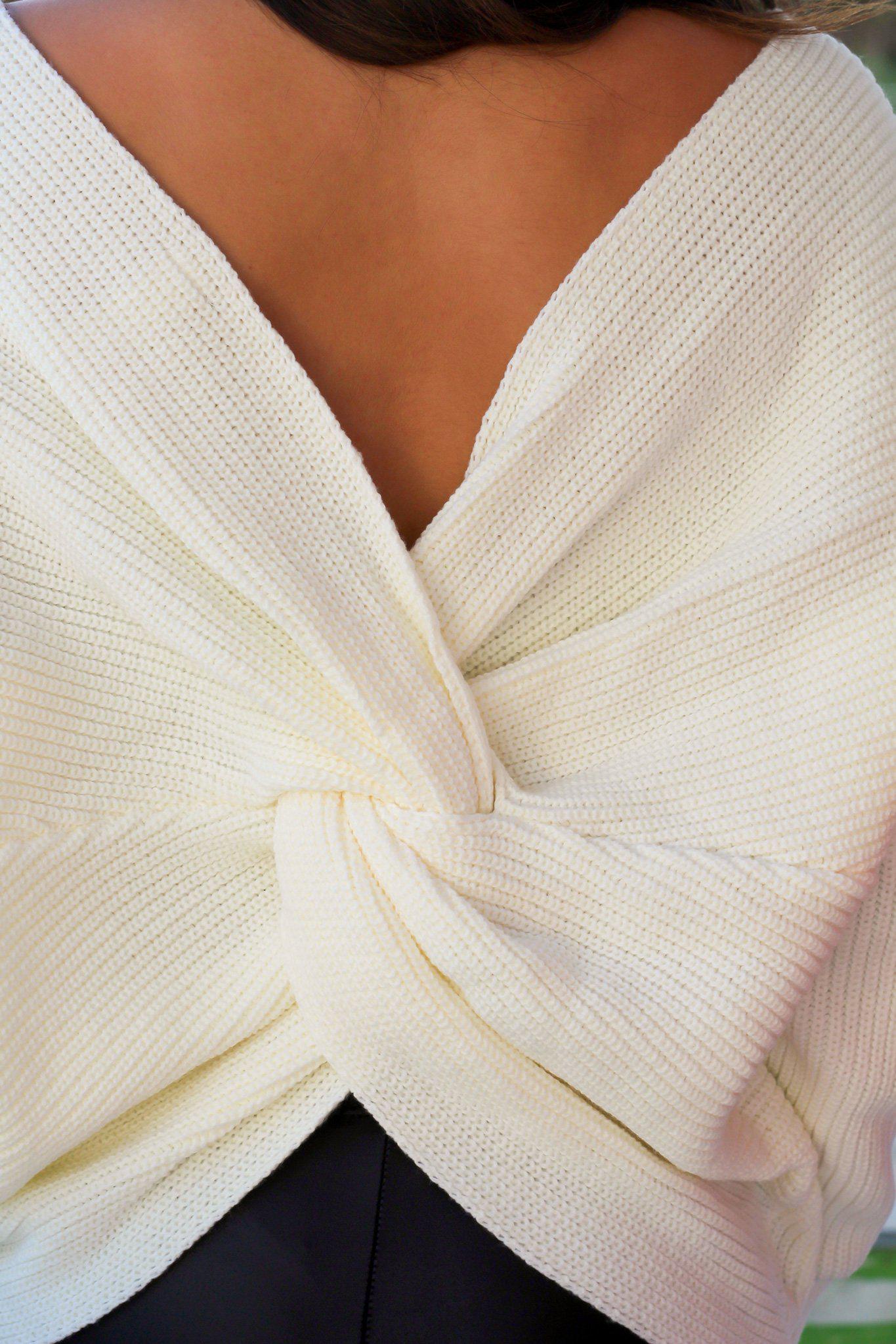 Stylish Ivory Acrylic Knit Women's Sweater with Unique Knot Detail at the Back
