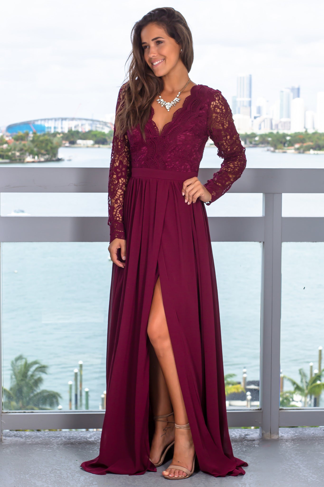 Stunning Burgundy Long - Sleeved Crochet Maxi Dress for Formal Events