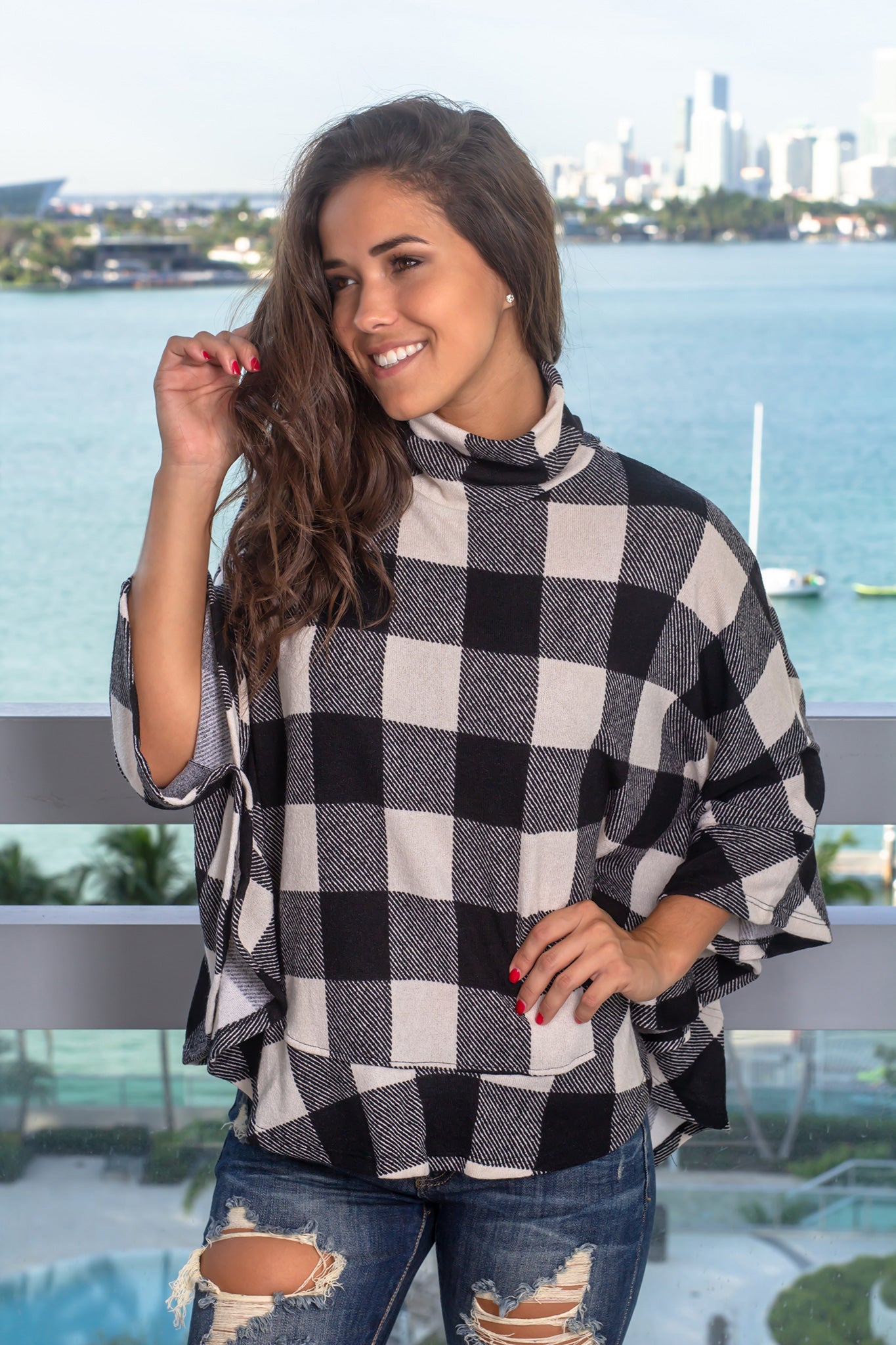 Cozy Ivory and Black Plaid Poncho with Turtle Neck for Fall and Winter