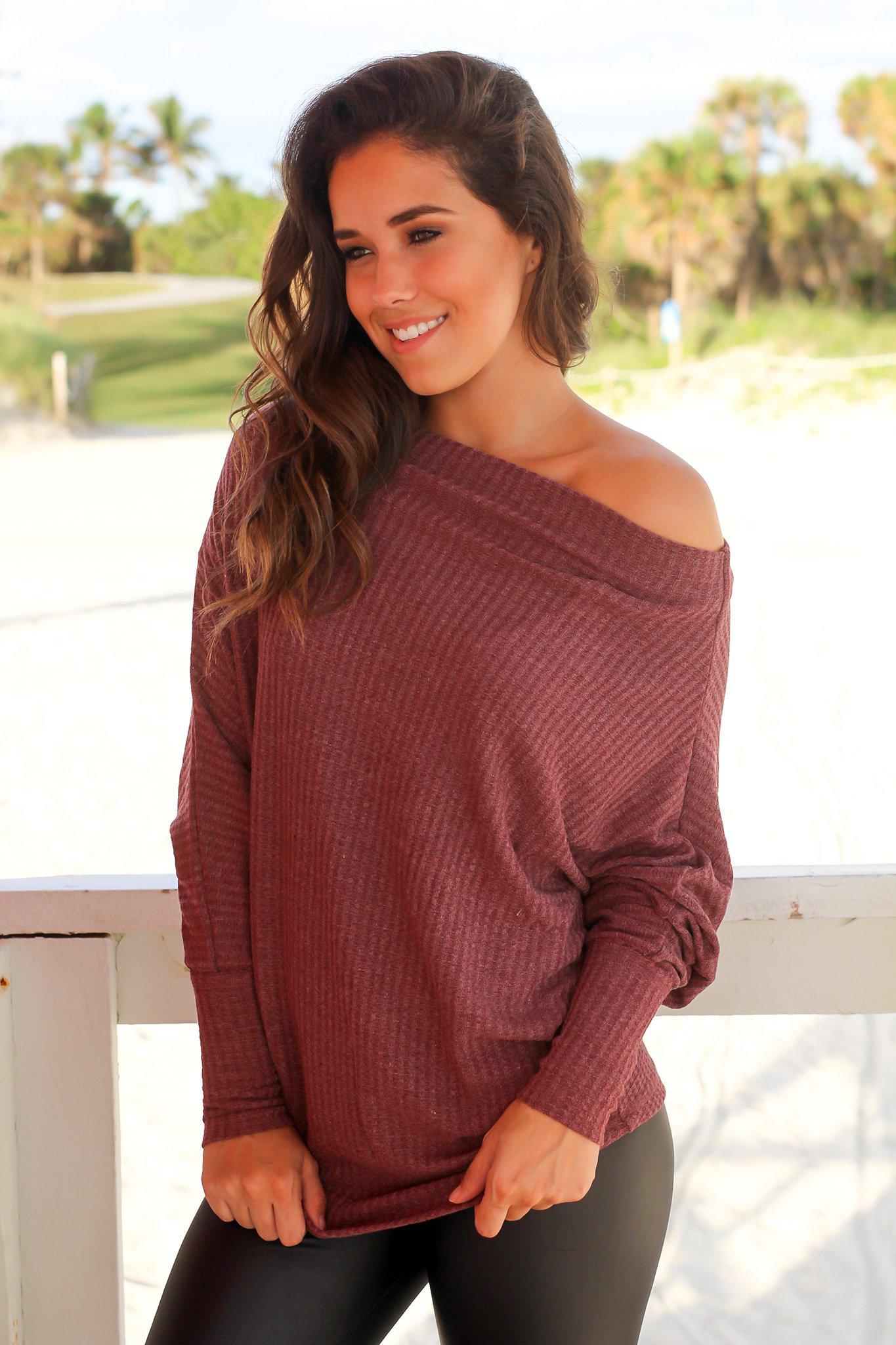 Stylish Maroon Knitted Off-Shoulder Women's Top for Fall and Winter