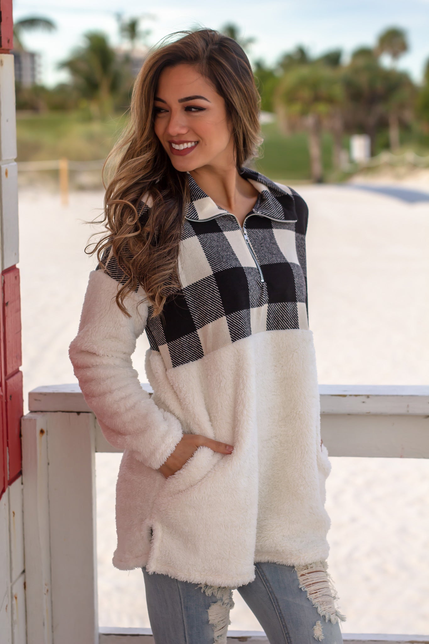 Ivory and Black Fuzzy Polyester Pullover Hoodie Sweatshirt with Plaid Design Detail