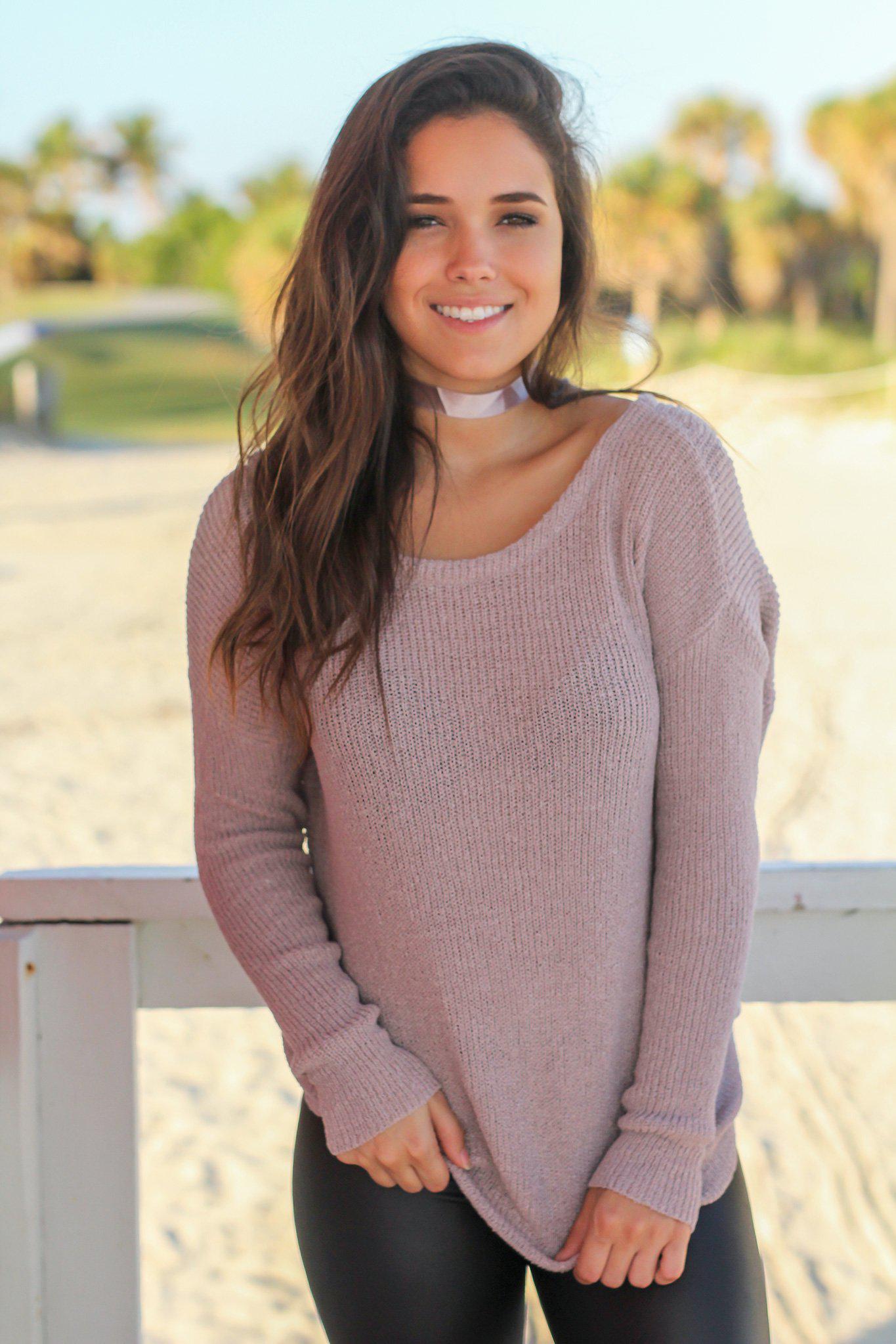 Charming Women's Mauve Knitted Sweater Featuring Knot Decoration