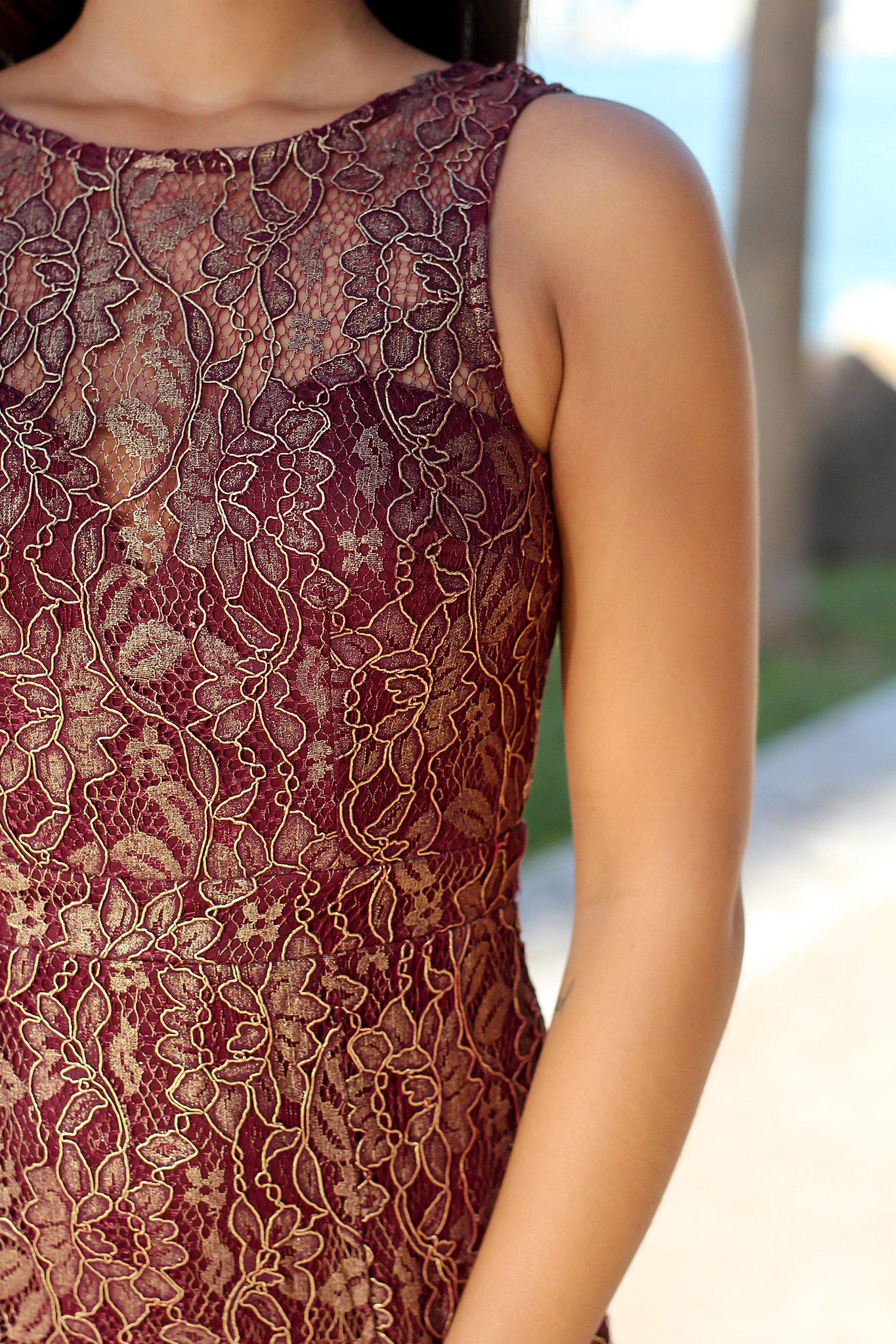 Stunning Burgundy Maxi Dress with Gold Lace and Open Back Design