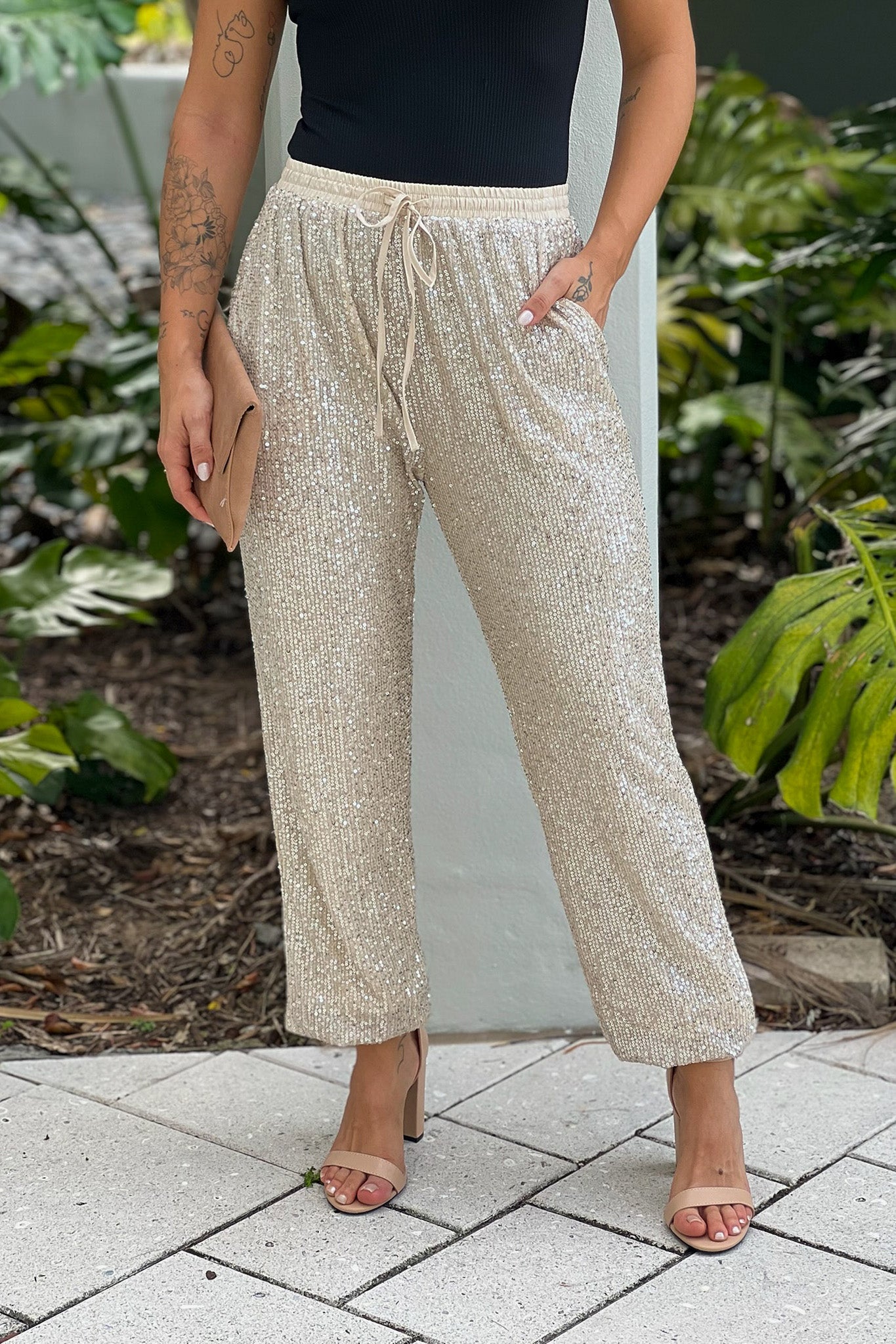 Stylish Champagne Sequin Elastic - Waist Joggers for Trendy Outings