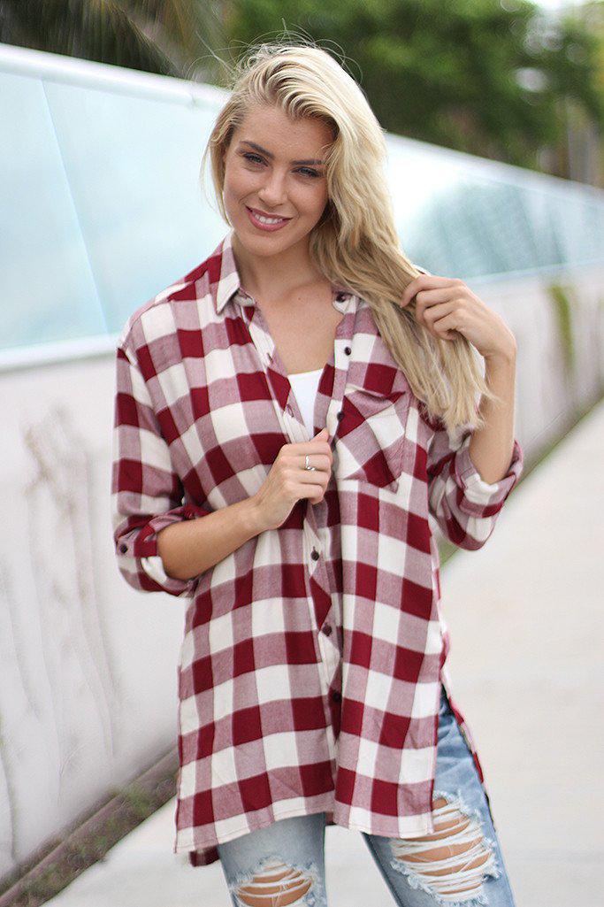 Stylish Burgundy and White Plaid Women's Tunic Top for Casual Wear