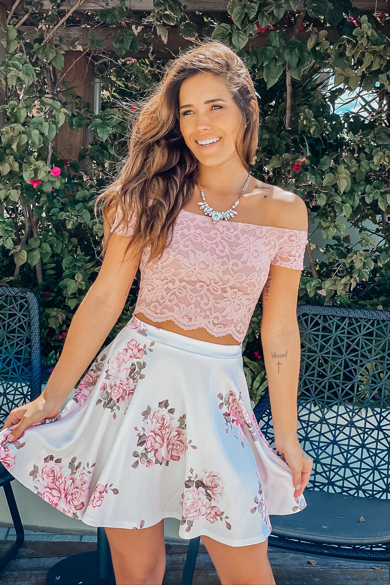 Charming Mauve and Ivory Off-Shoulder Lace Short Dress for Spring