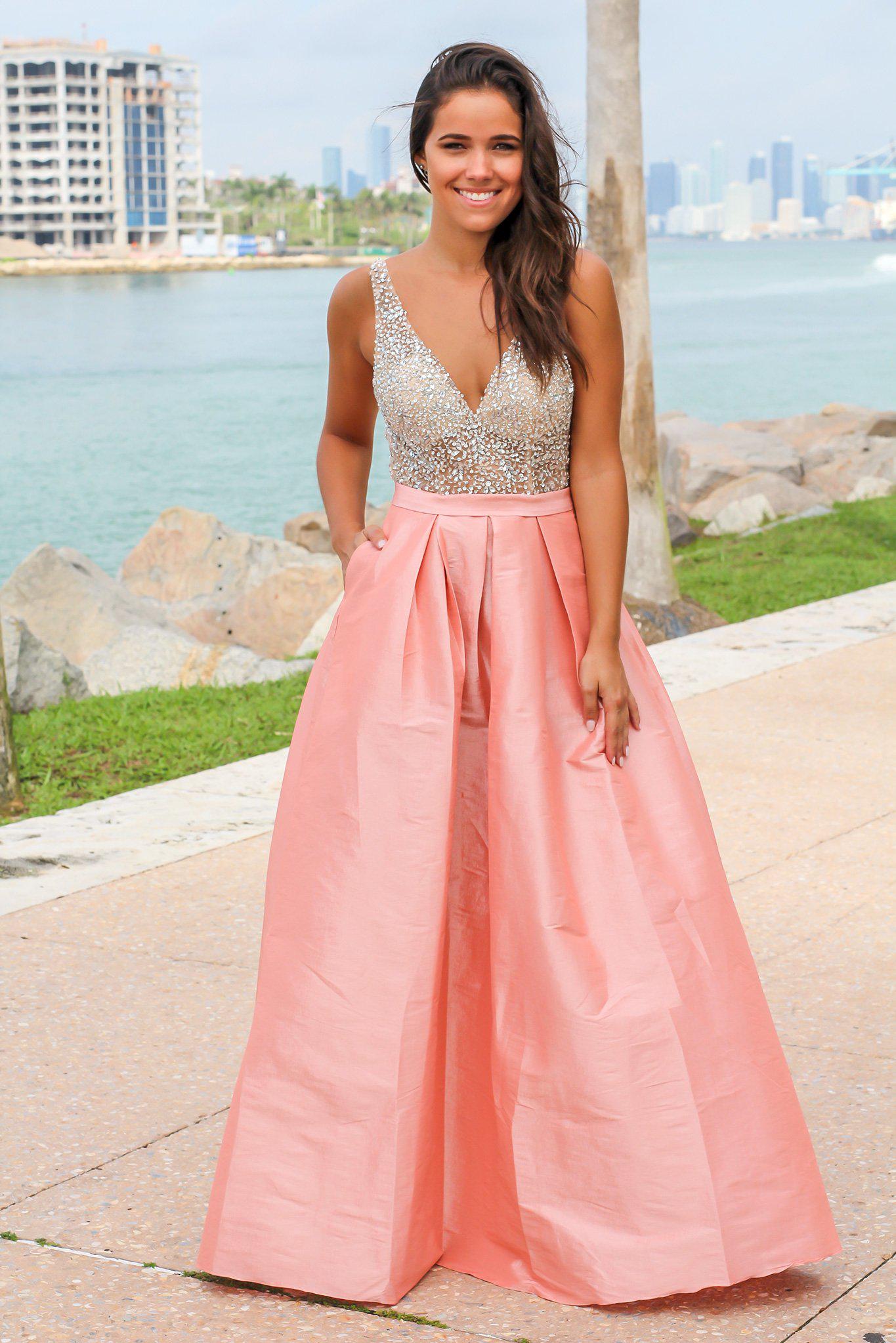 Gorgeous Blush Jeweled Long Maxi Dress for Special Occasions