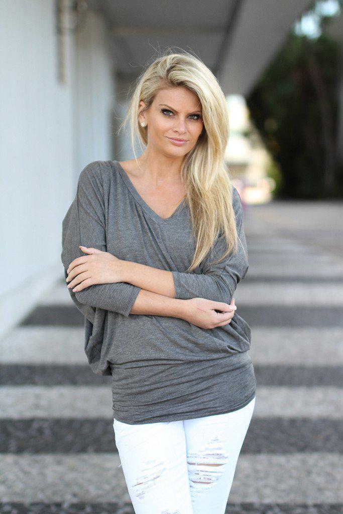 Comfy Charcoal Modal-Spandex V-Neck Dolman Top for All Occasions