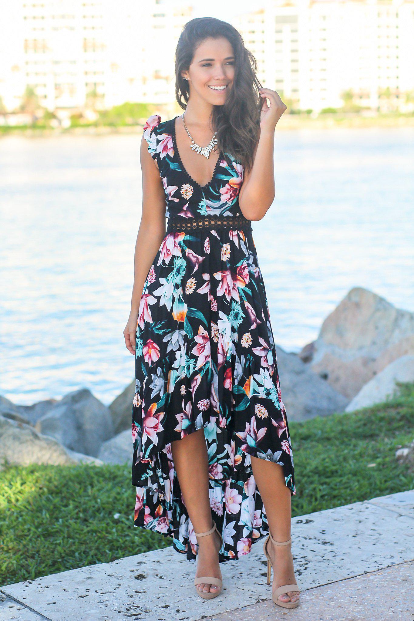 Stunning Black Floral High Low Women's Dress Featuring Crochet Open Back Design