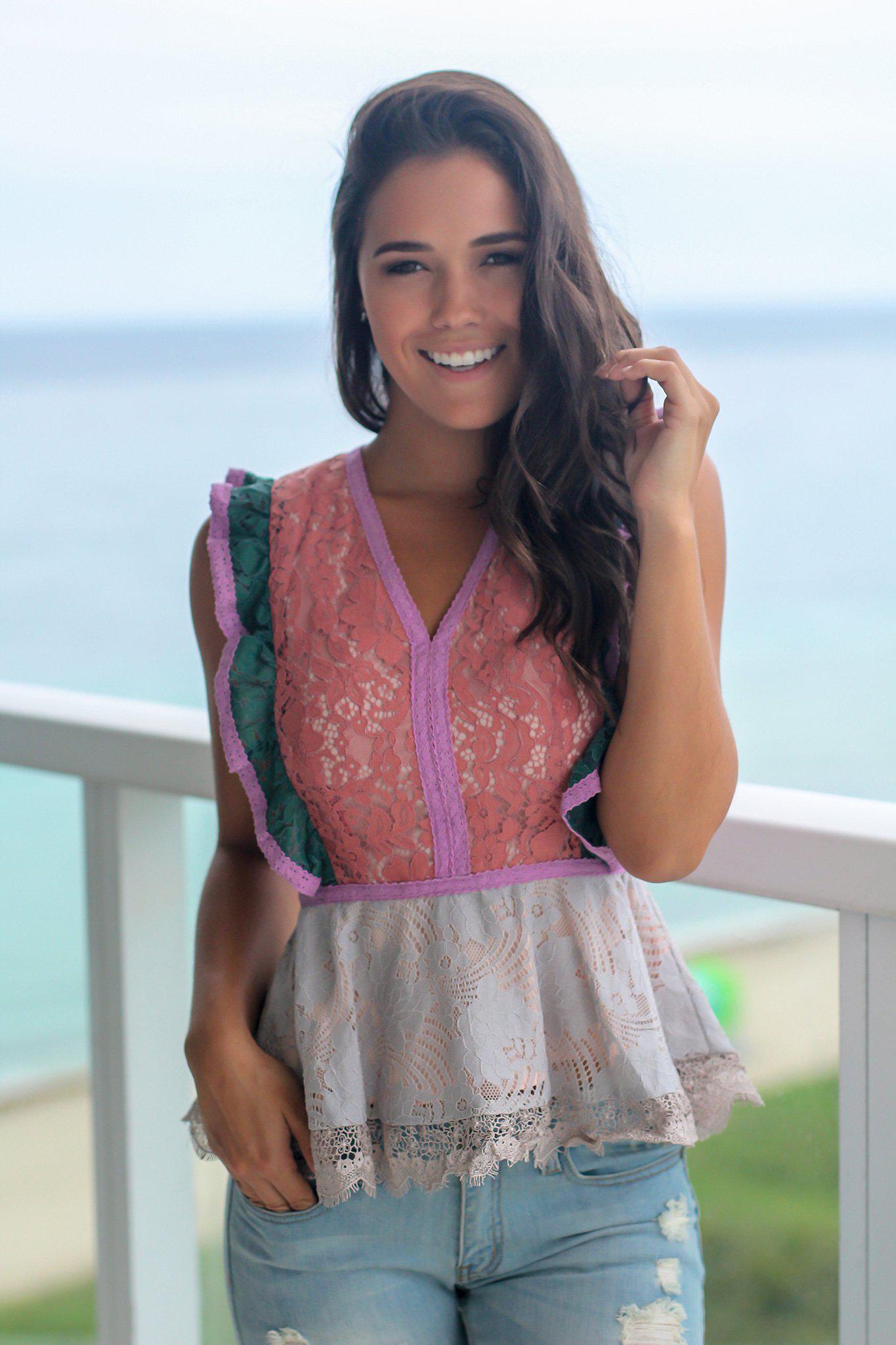 Adorable Blush-Colored Lace Women's Top with Charming Ruffle Detail