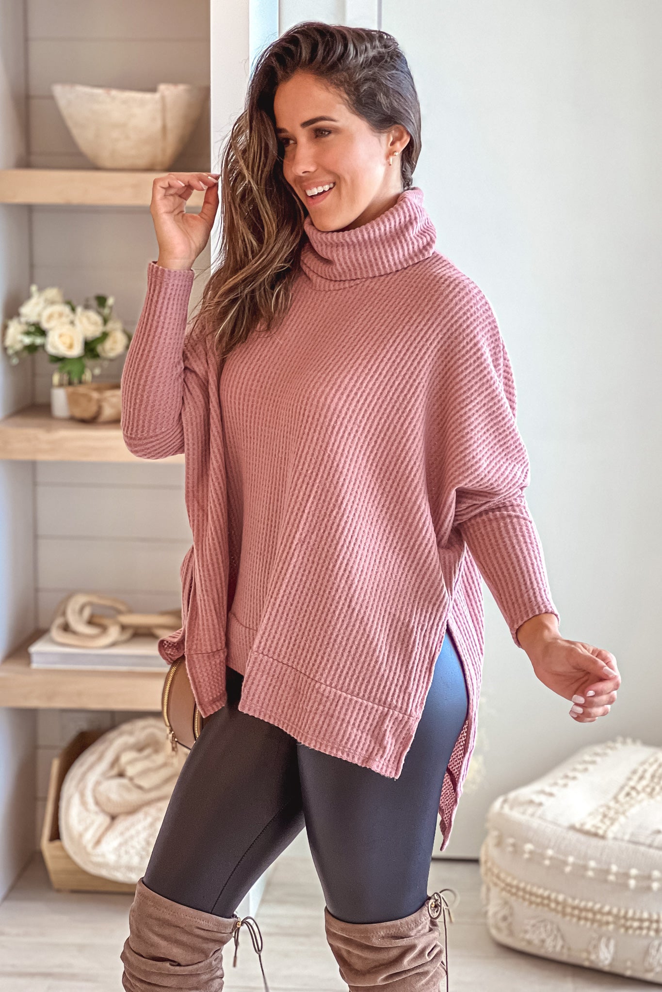 Comfortable Oversized Mauve Long - Sleeve Turtle Neck Top