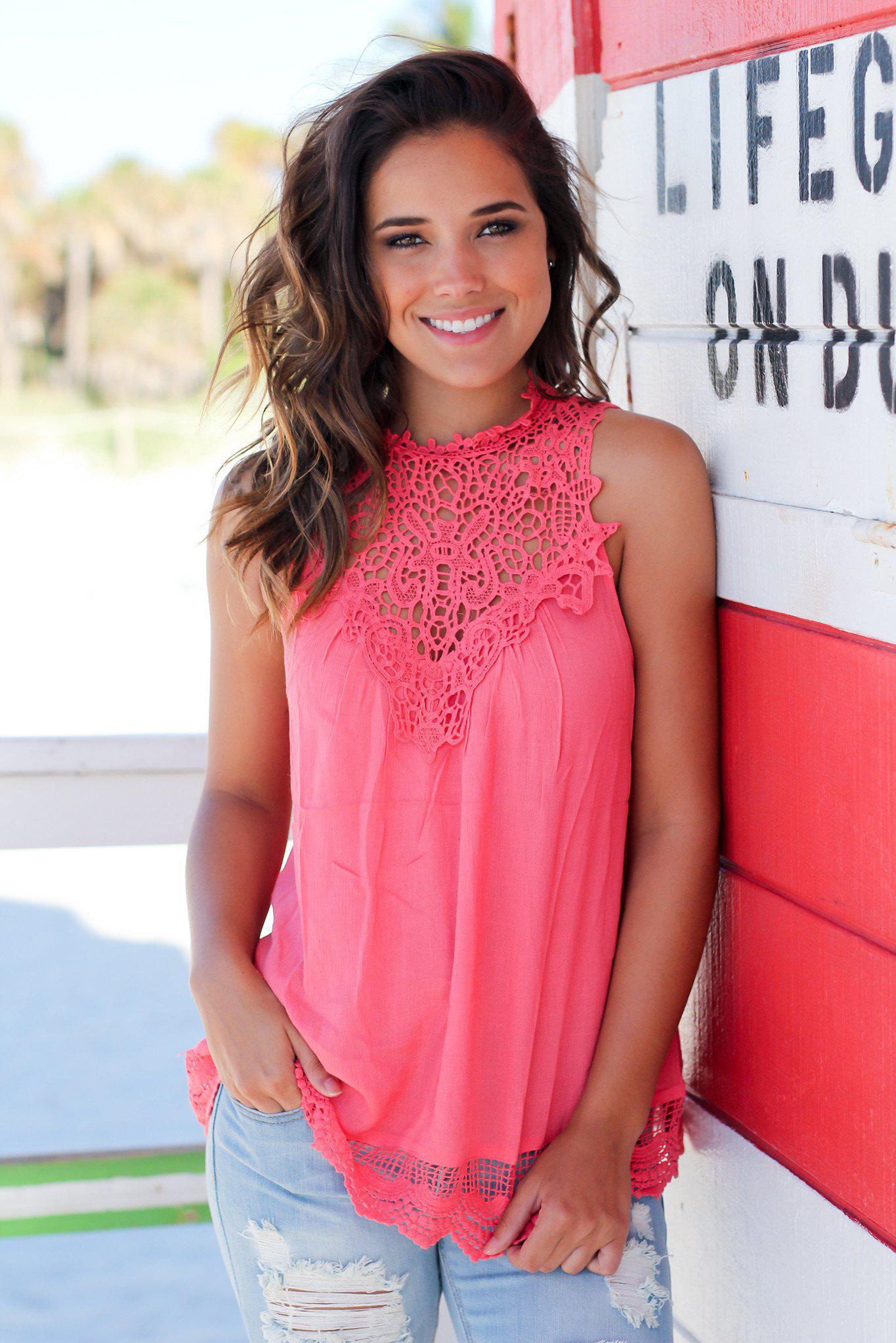 Stunning Coral Rayon Crochet Sleeveless Top with Neck Buttons