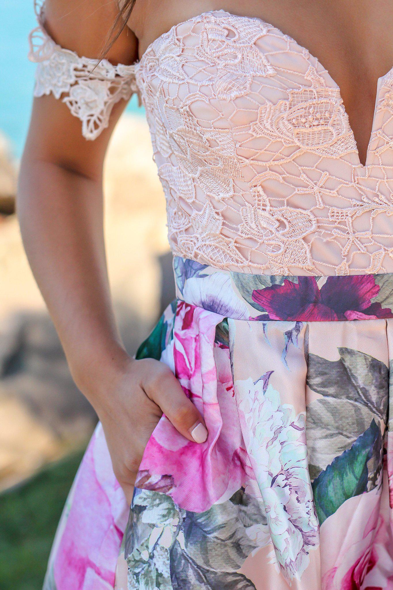 Elegant Blush Floral Off-Shoulder Maxi Dress with Crochet Trim