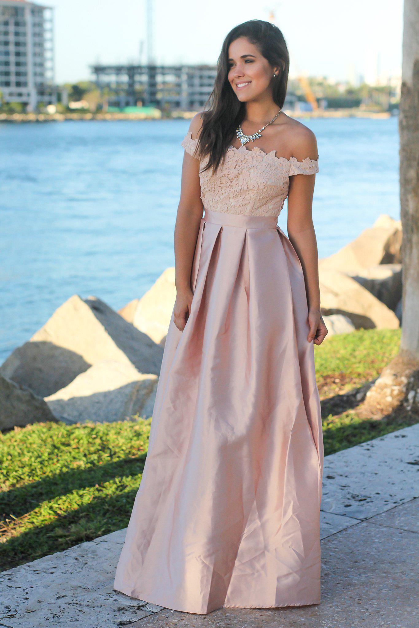 Elegant Blush and Cream Off-Shoulder Crochet Top Maxi Dress for Special Occasions