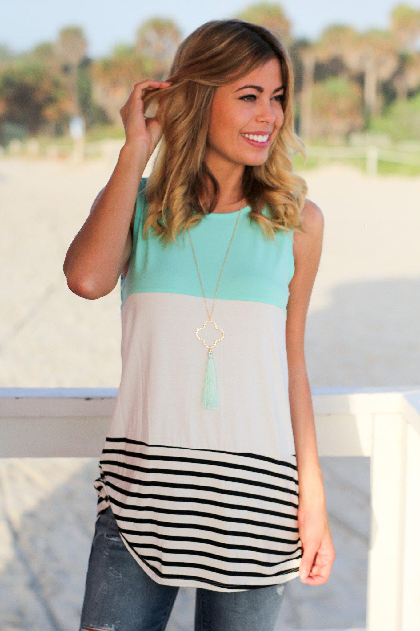 Spring and Summer Mint Colored Block Sleeveless Tank Top with Crochet and Button Detail on the Back