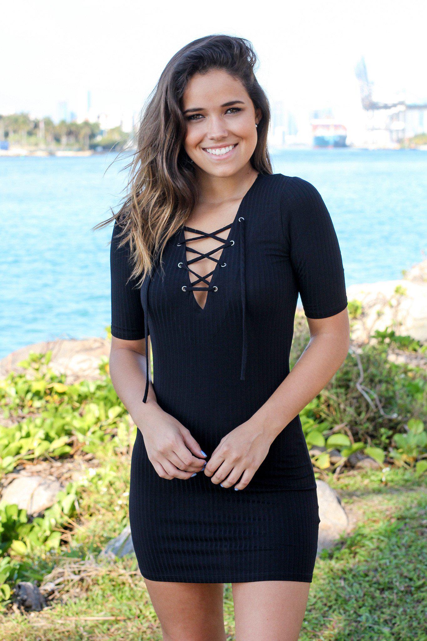Stylish Black Ribbed Lace-Up Short Women's Dress
