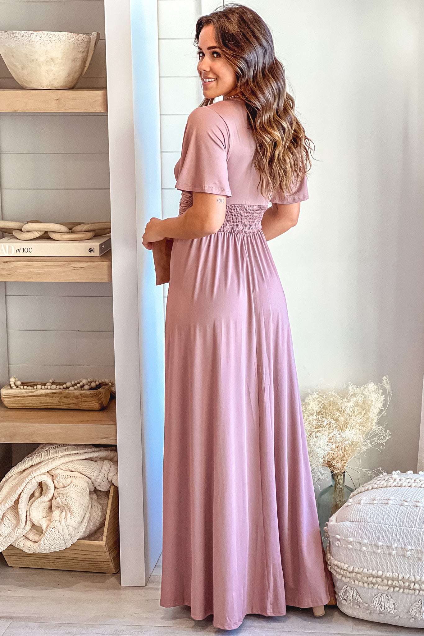 Stylish Blush Maxi Dress with Side Slit, Short Bell Sleeves and Ruched Waist