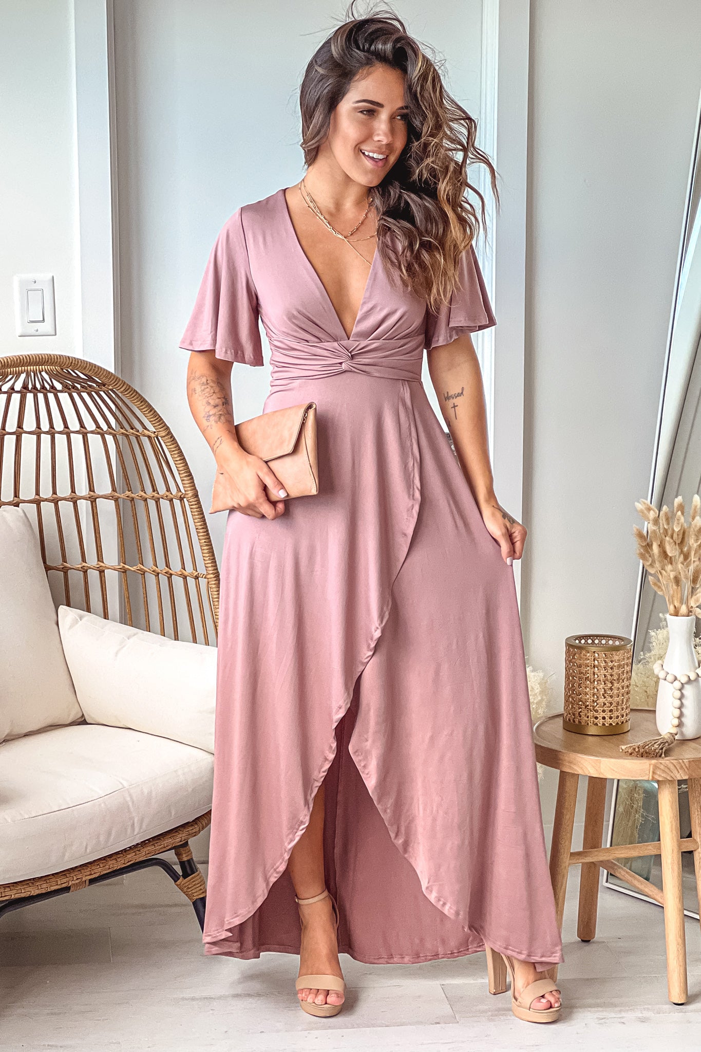 Charming Blush-Colored High Low Style Dress with Short Bell Sleeves and Waist Twist Detail