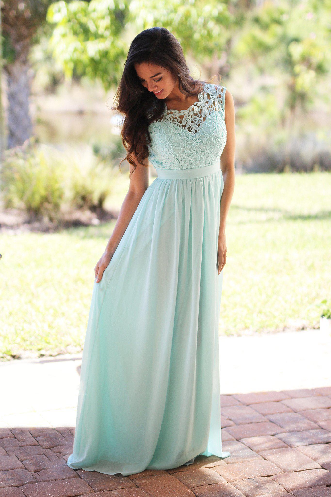 Stunning Mint Green Crochet Design Maxi Dress with Elegant Tulle Back for Special Occasions