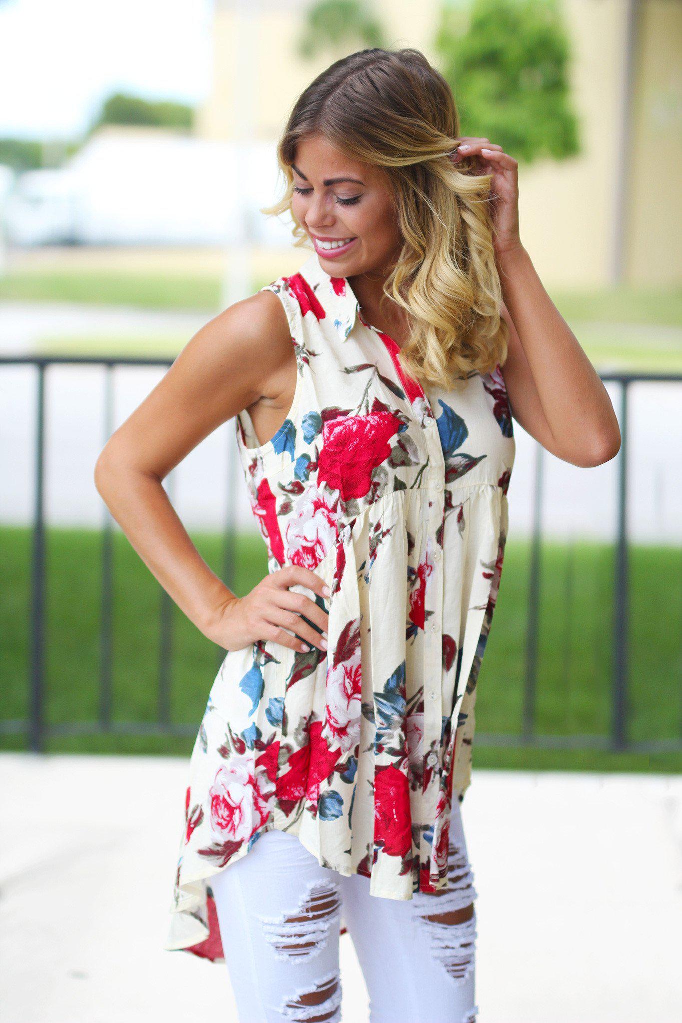Stylish Cream Floral High-Low Sleeveless Button-Down Top