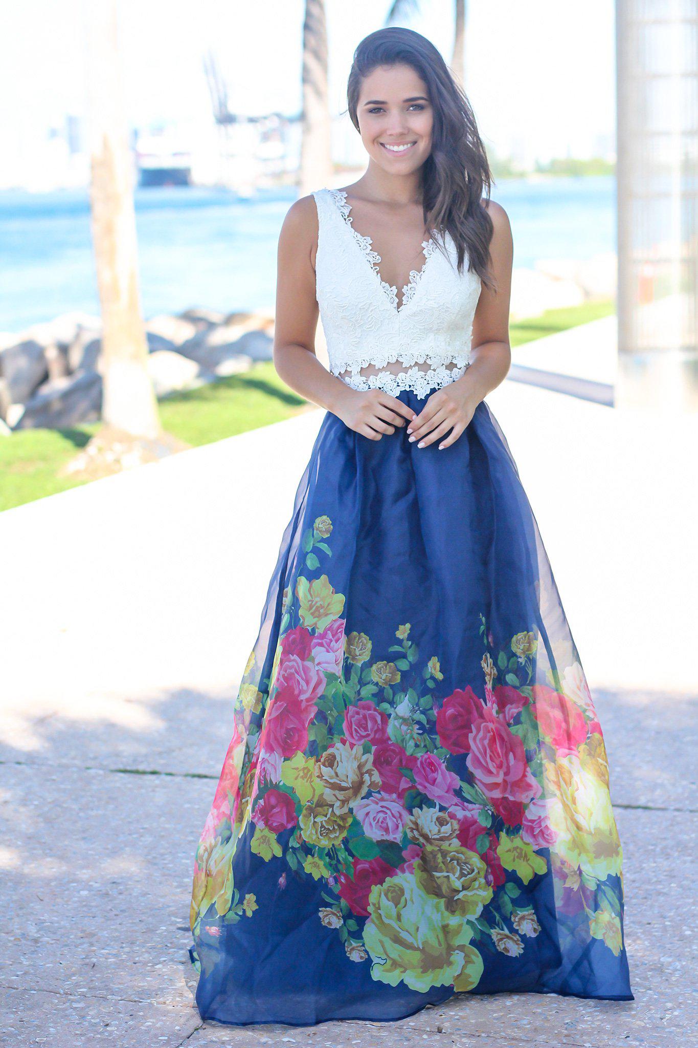 Stylish Ivory and Navy Floral Crochet Top Maxi Dress for Summer Occasions
