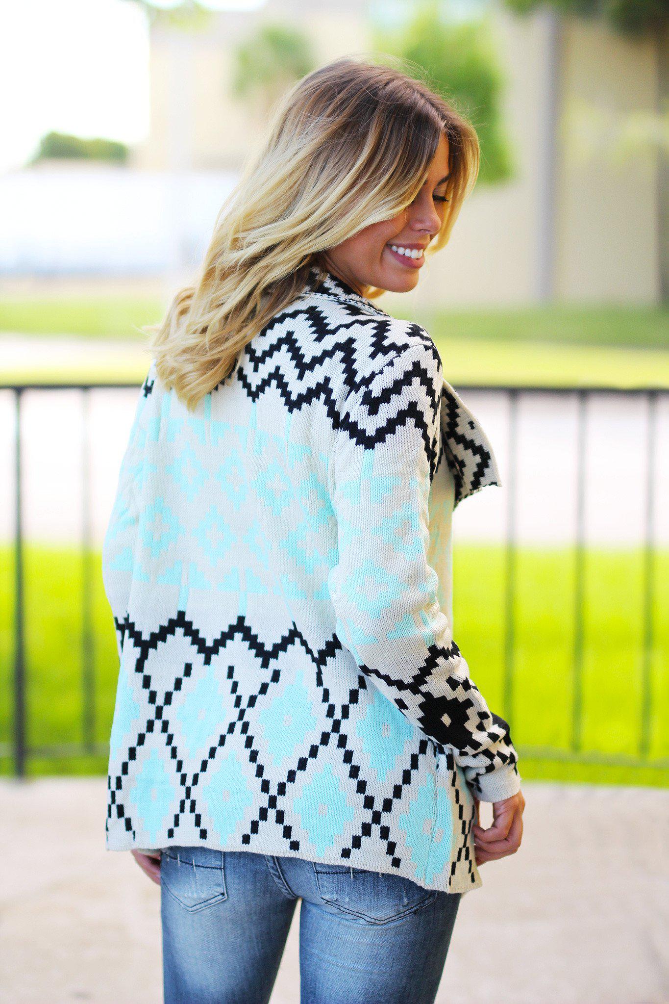 Stylish Mint and Ebony Printed Women's Cardigan for Fashionable Warmth