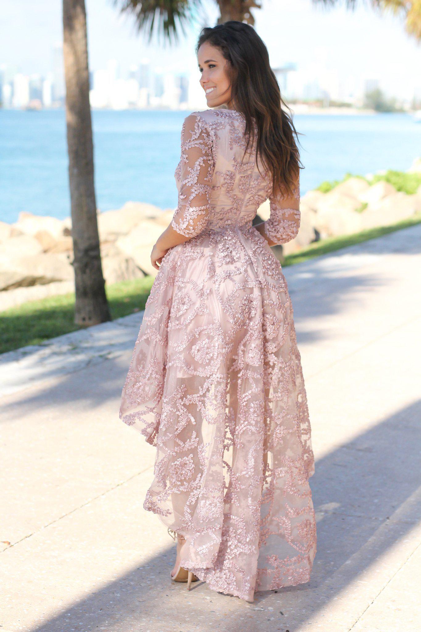 Elegant Blush-Colored High Low Style Dress with Three - Quarter Sleeves