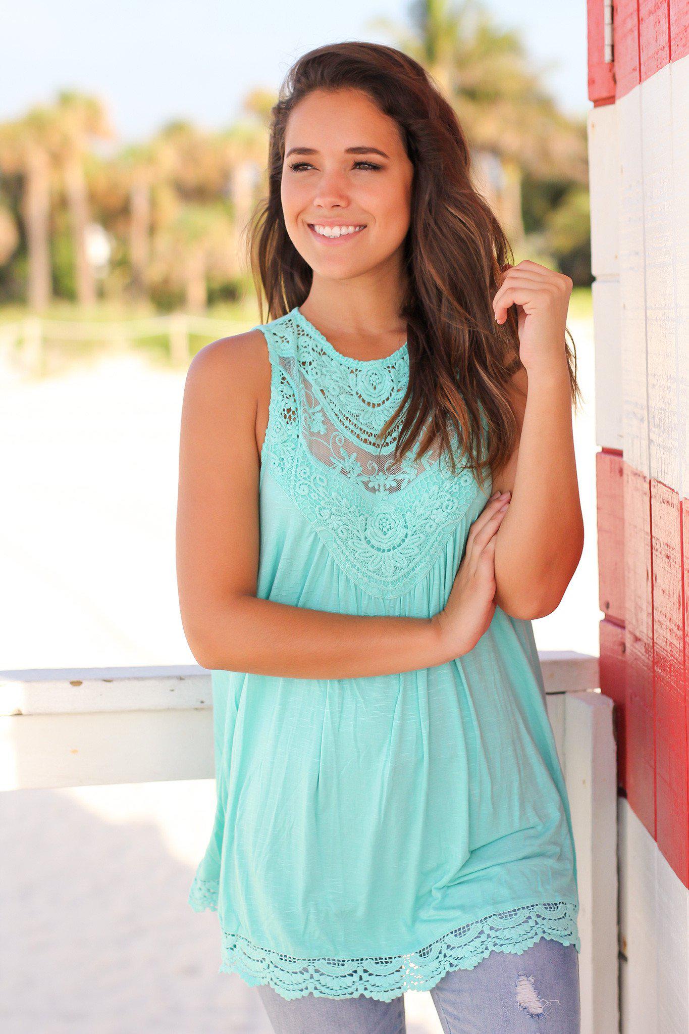 Stylish Mint Colored Crochet Women's Tunic Top