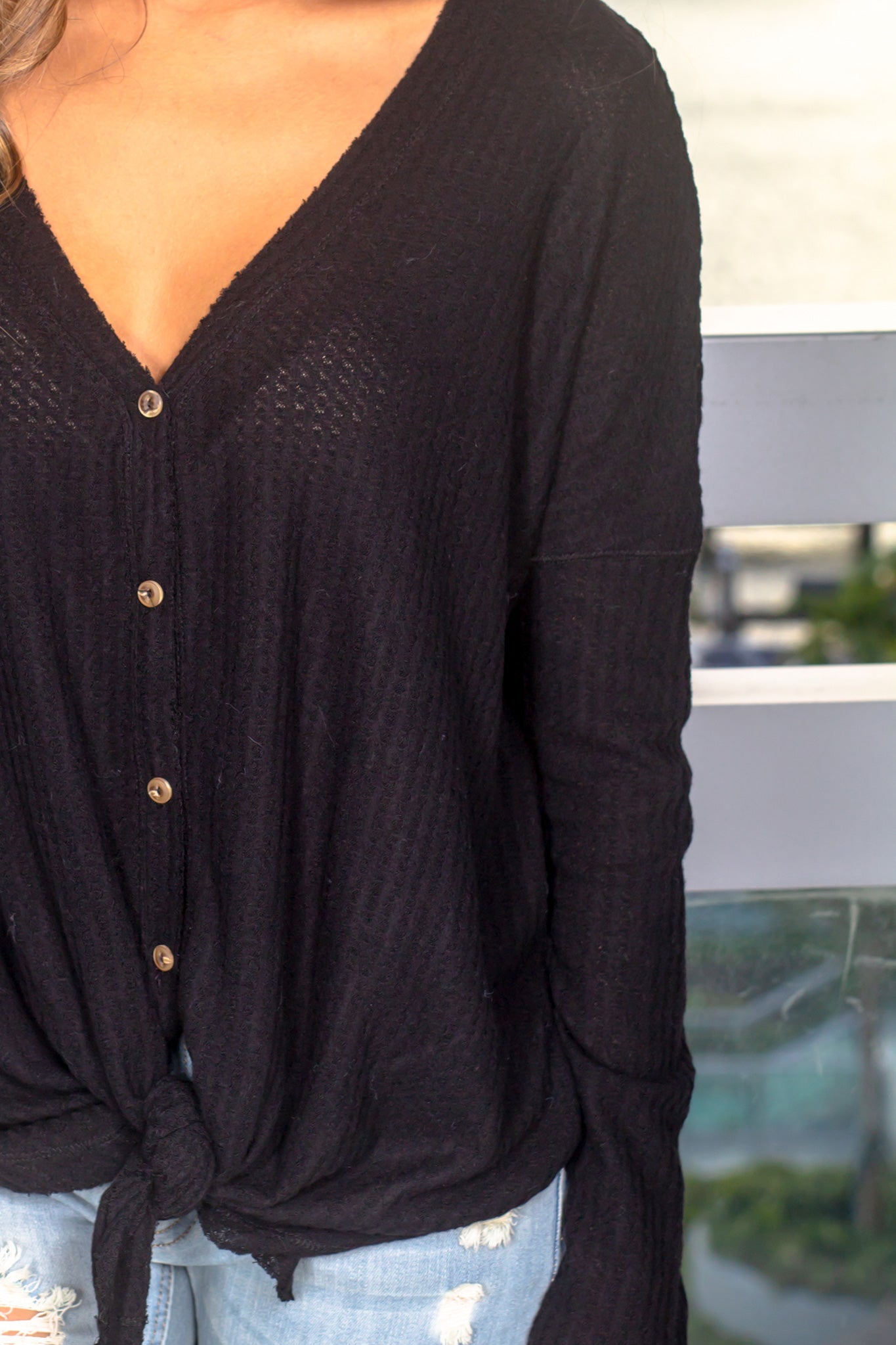 Stylish Black Knit Oversized Button-Down Women's Top