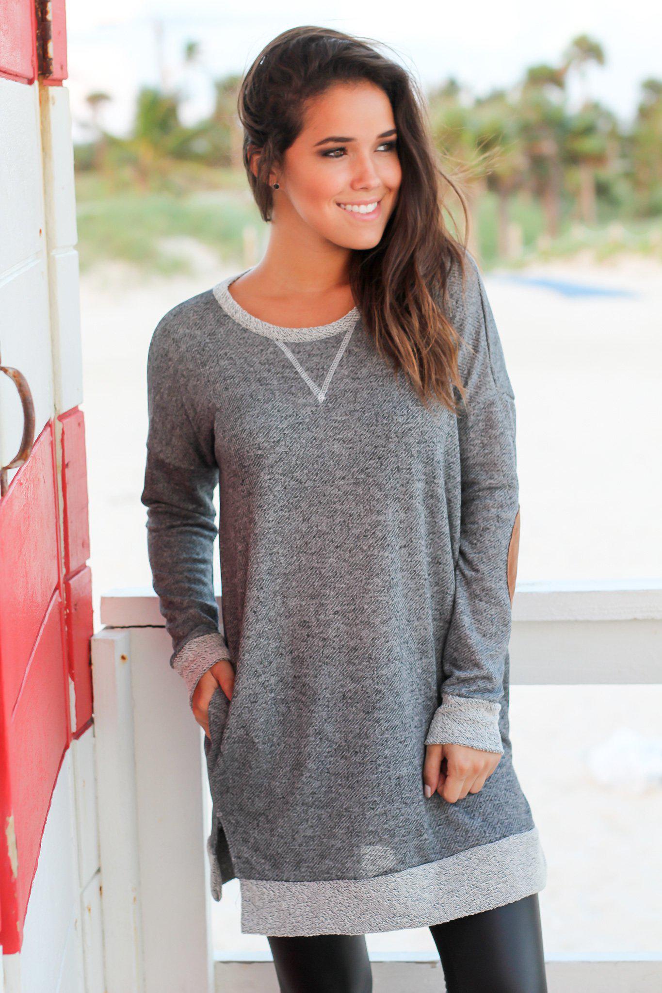 Soft Charcoal Tunic with Faux Suede Elbow Patches