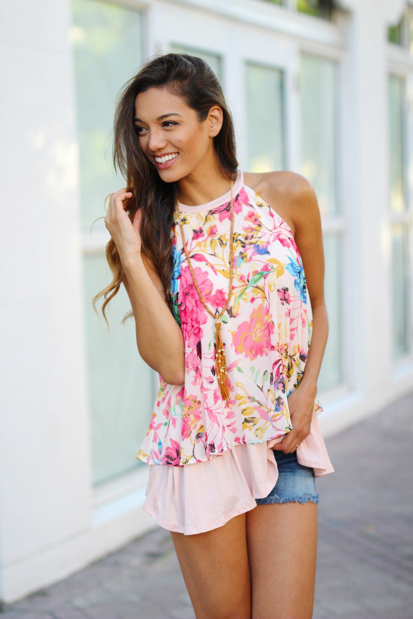 Adorable Blush Floral Women's Tank Top for Trendy Outfits