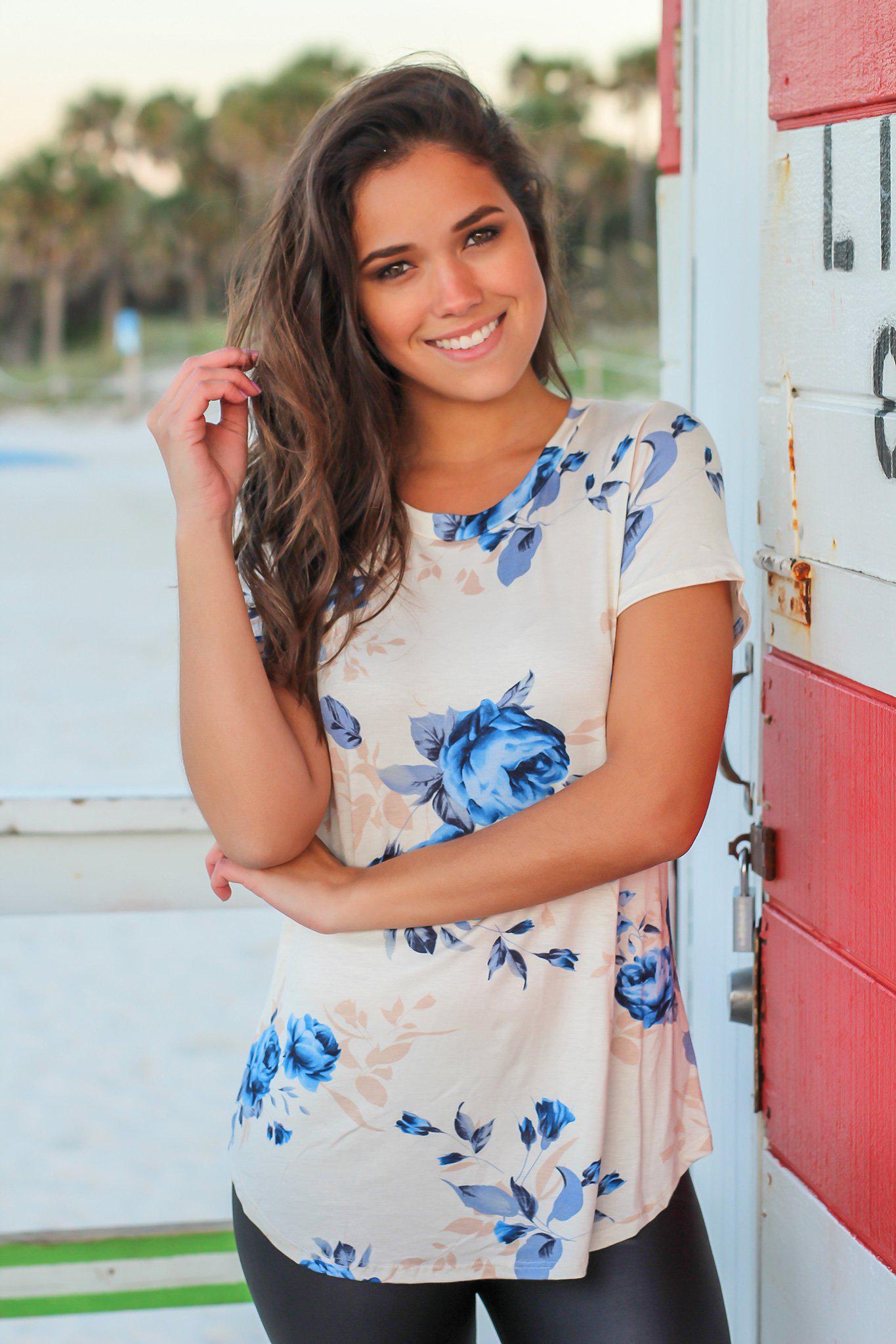 Stylish Ivory and Blue Floral Print Women's T-Shirt