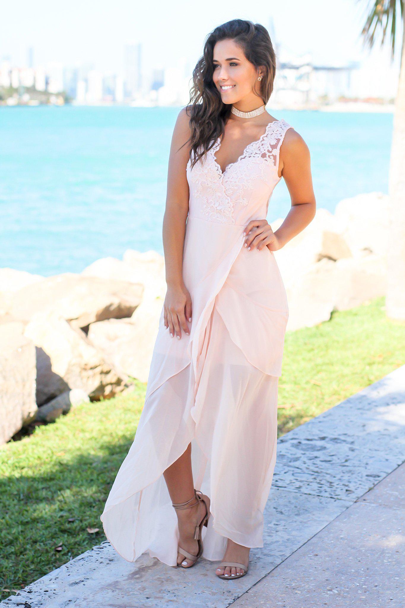 Stunning Blush-Colored Maxi Dress Featuring an Embroidered Upper Part