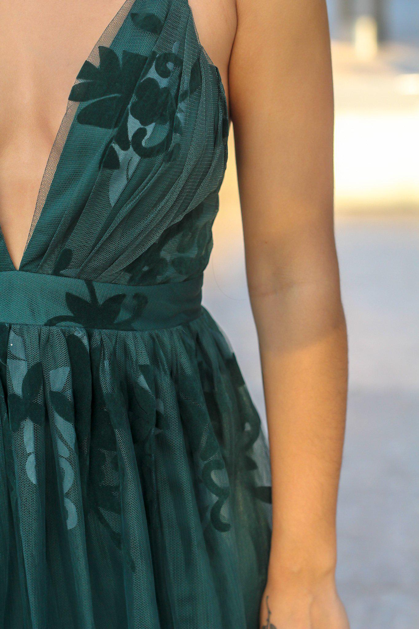 Elegant Hunter Green Floral Printed Tulle Maxi Dress with Stylish Criss Cross Back