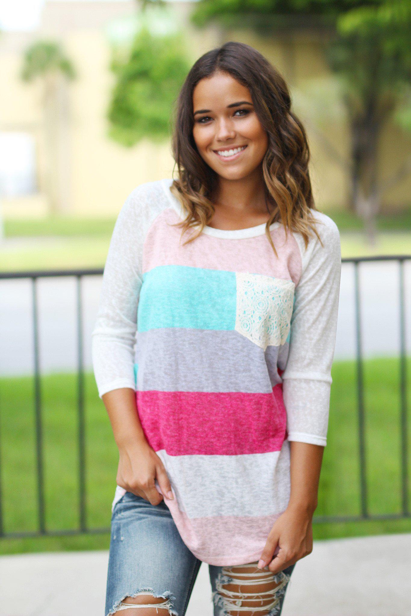Stylish Coral and Mint Colored Women's Crochet Pocketed Top